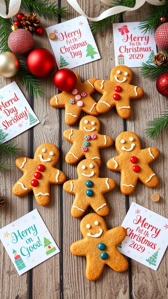 Decorated gingerbread man cookies on a wooden table with Christmas cards and holiday decorations.